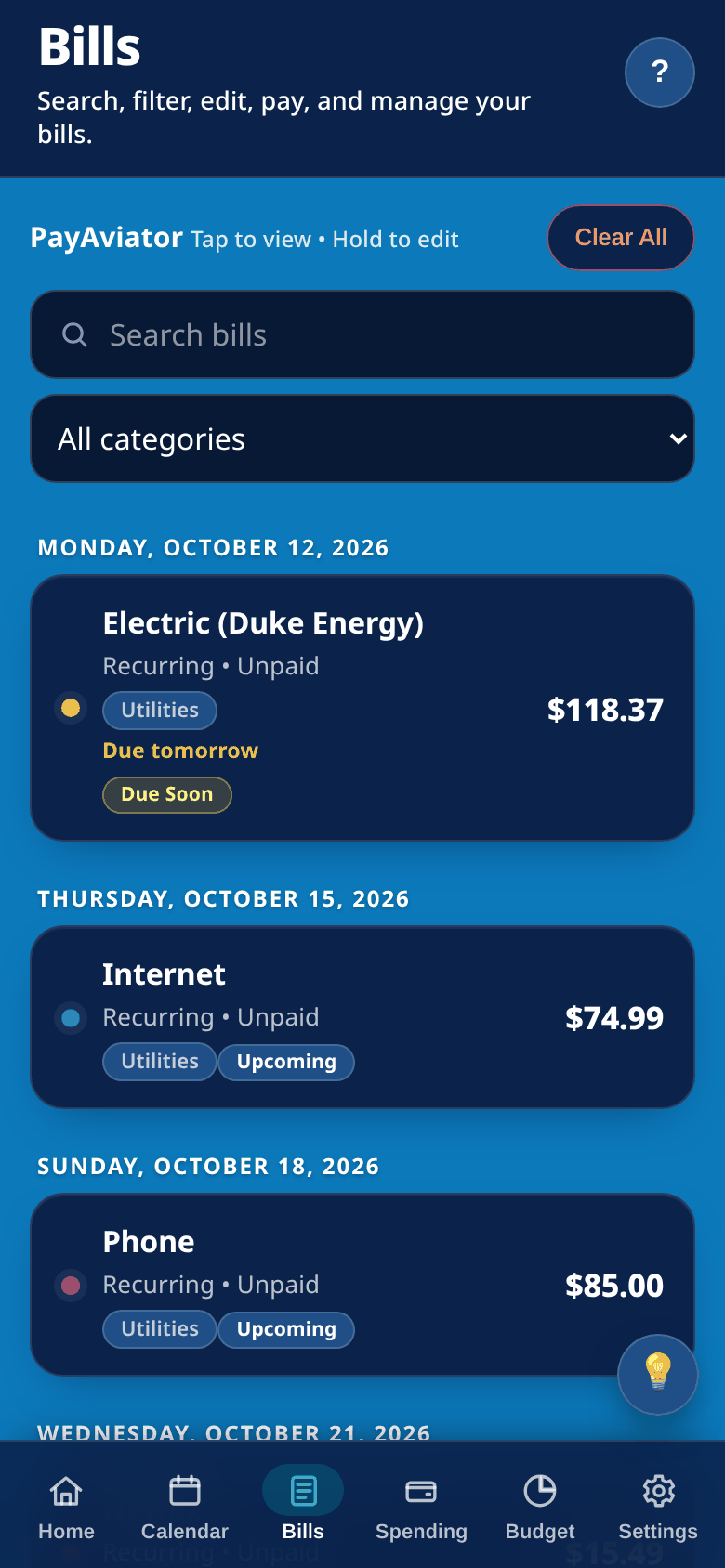 PayAviator Bills screen with search, a category filter, and sample upcoming bills grouped by due date, such as Electric, Internet and Phone (sample data)