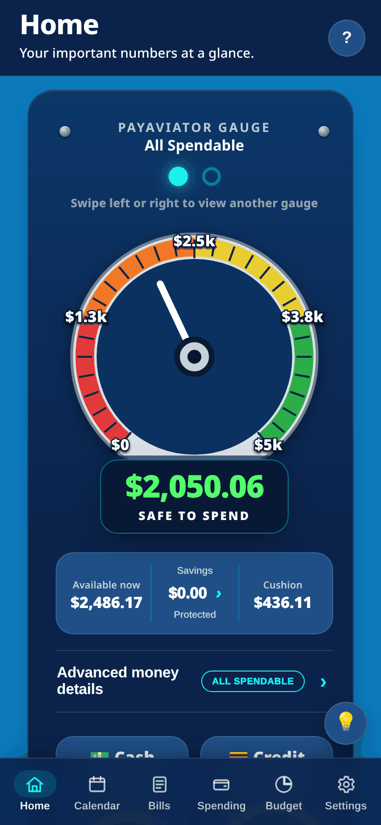 PayAviator Home screen with the PayAviator Gauge showing a sample Safe to Spend amount of $2,050.06, plus Available now, Savings and Cushion totals (sample data)